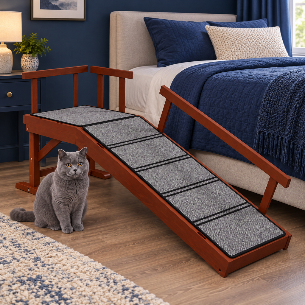 Brown wooden pet ramp beside a solid blue British Shorthair in a distinct bedroom