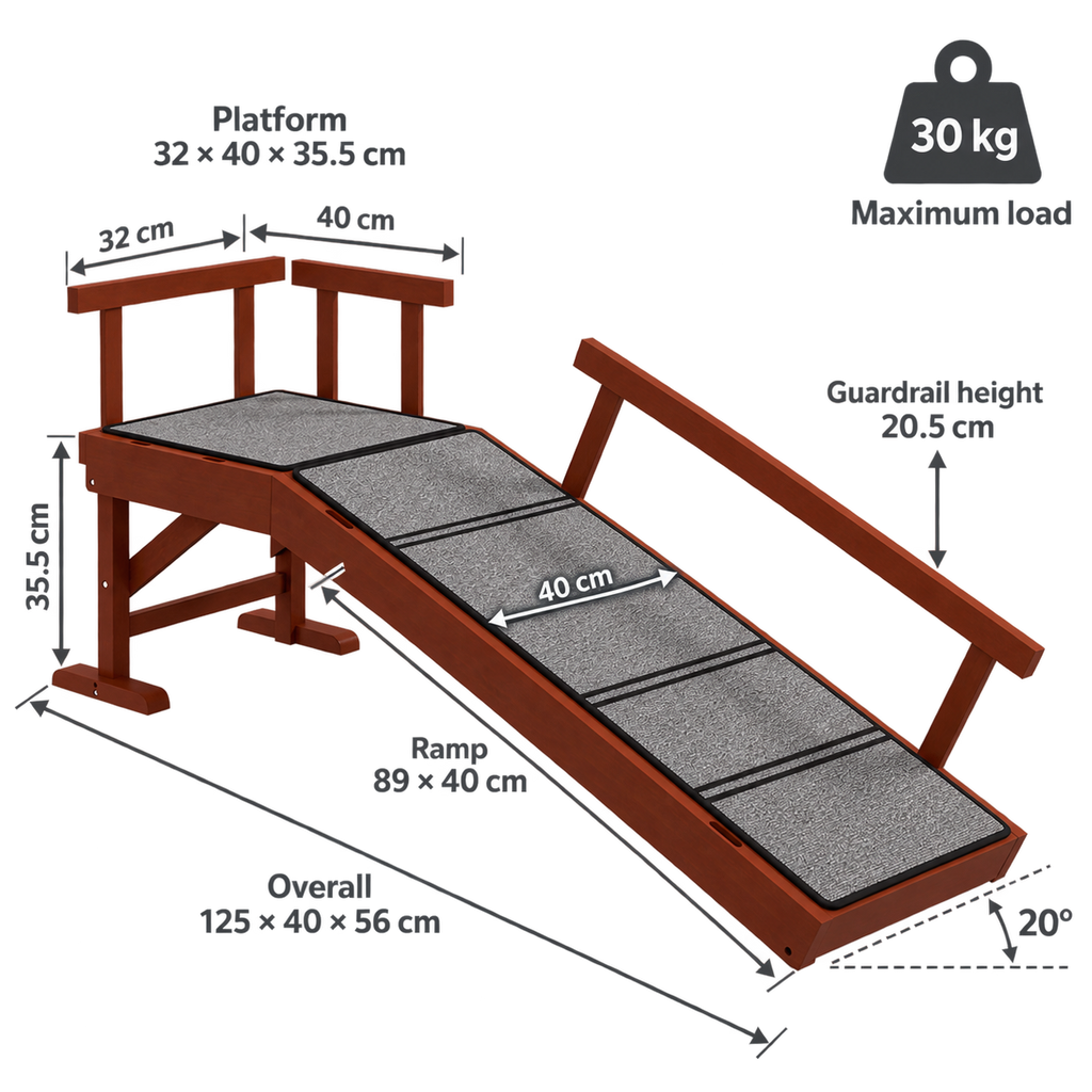 Wooden pet ramp dimensions: 125 by 40 by 56 centimetres with platform, ramp and guardrail measurements