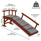 Wooden pet ramp dimensions: 125 by 40 by 56 centimetres with platform, ramp and guardrail measurements