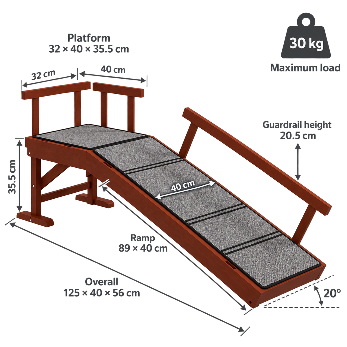 Wooden pet ramp dimensions: 125 by 40 by 56 centimetres with platform, ramp and guardrail measurements