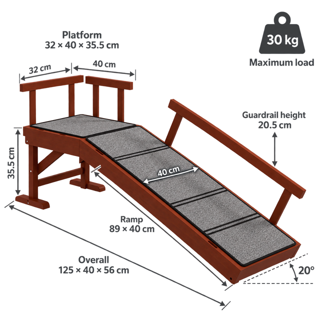 Wooden pet ramp dimensions: 125 by 40 by 56 centimetres with platform, ramp and guardrail measurements