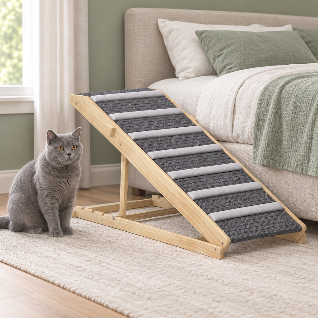 Adjustable wooden cat ramp beside a solid-blue British Shorthair