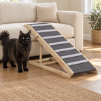 Adjustable wooden cat ramp beside a solid-black Maine Coon