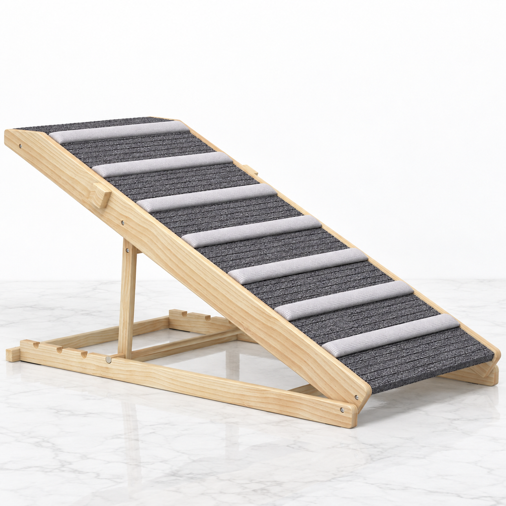Four-height folding wooden pet ramp on light white marble