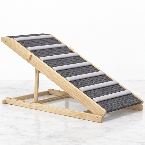Four-height folding wooden pet ramp on light white marble