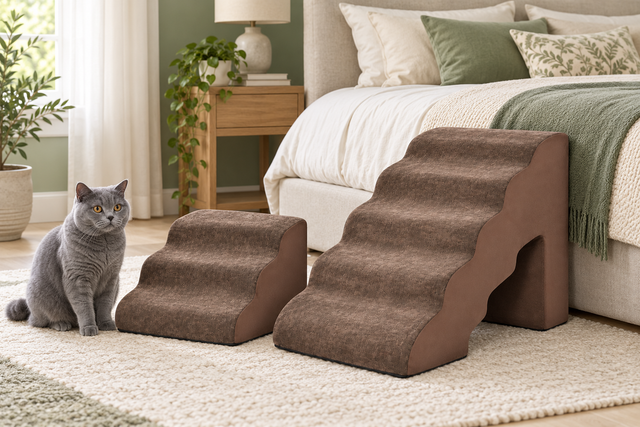 Two-piece brown foam cat stairs beside a solid-blue British Shorthair