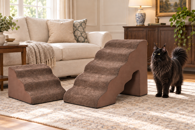 Two-piece brown foam cat stairs beside a solid-black Maine Coon