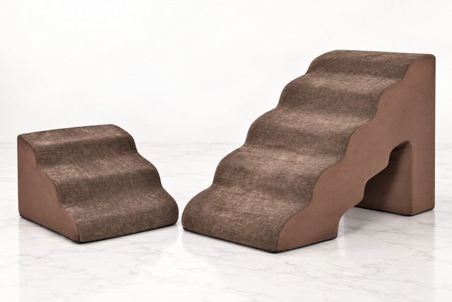 Two-piece brown foam cat stairs set on light white marble