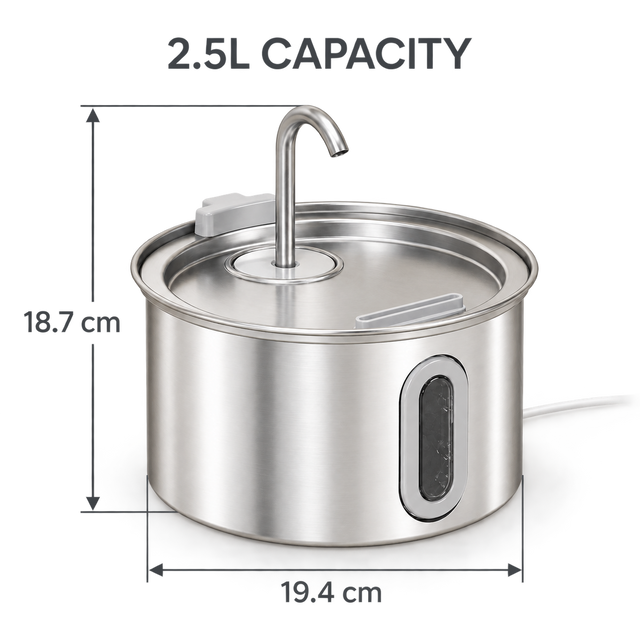 2.5L stainless-steel cat fountain dimensions: 19.4cm diameter and 18.7cm high