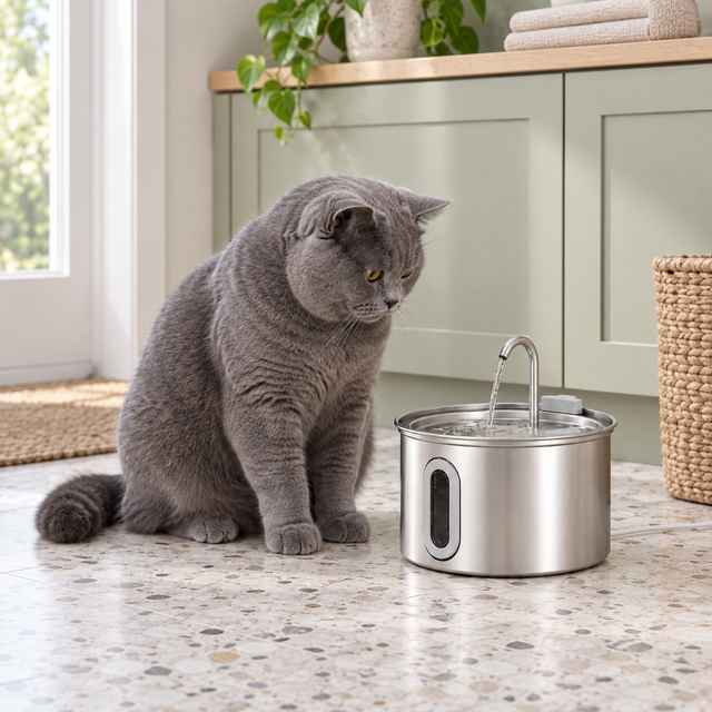 Large blue British Shorthair beside a 2.5L stainless-steel cat fountain