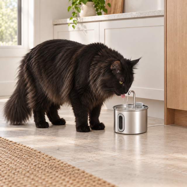 Black Maine Coon drinking from a compact stainless-steel cat water fountain