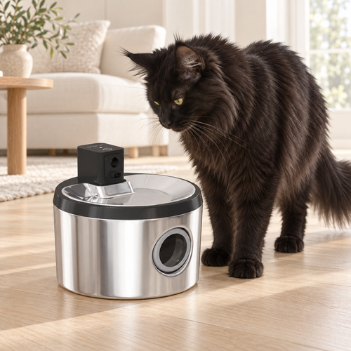 4L cordless cat water fountain beside a solid-black Maine Coon