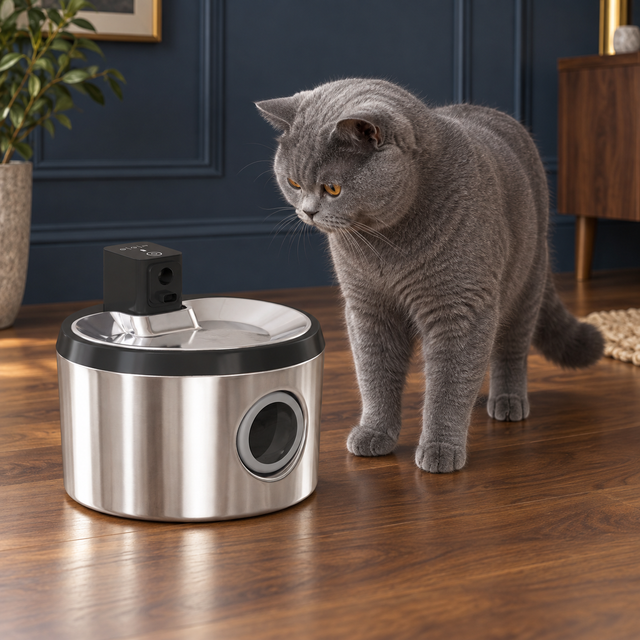 4L cordless cat water fountain beside a solid-blue British Shorthair
