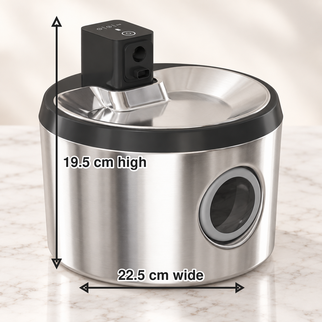 4L cordless cat water fountain dimensions: 22.5cm wide and 19.5cm high