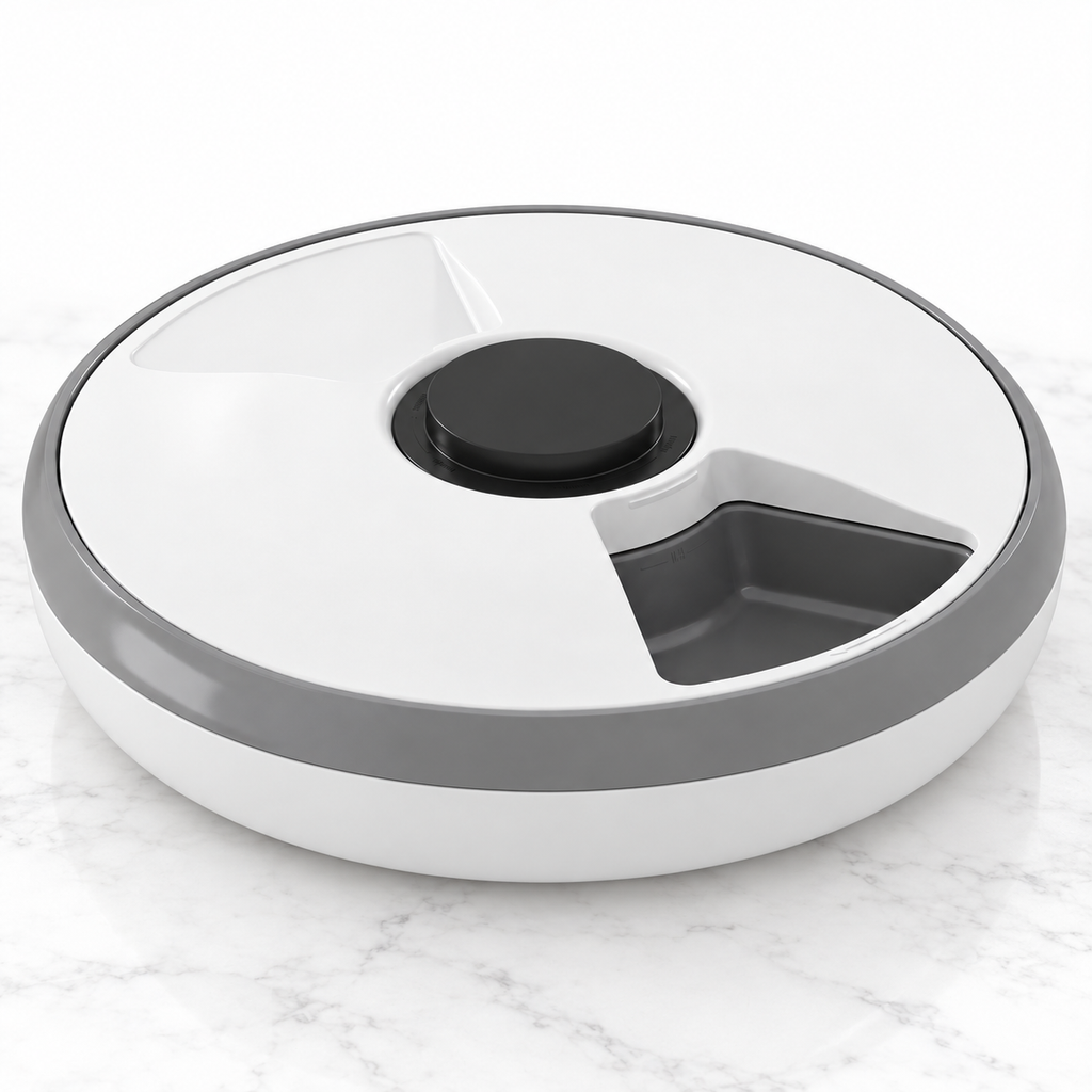 Six-meal automatic cat feeder on light white marble