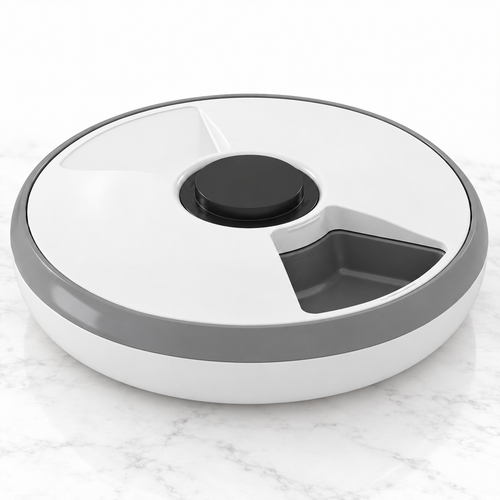 Six-meal automatic cat feeder on light white marble
