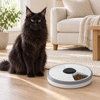 Six-meal timed cat feeder beside a solid-black Maine Coon