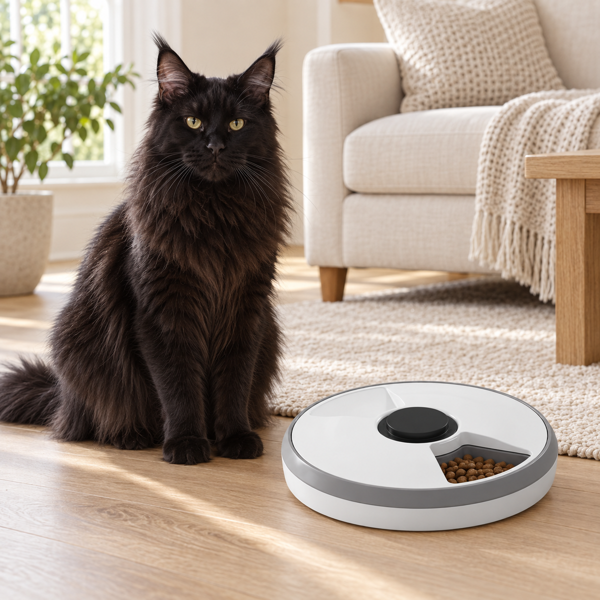 Six-meal timed cat feeder beside a solid-black Maine Coon