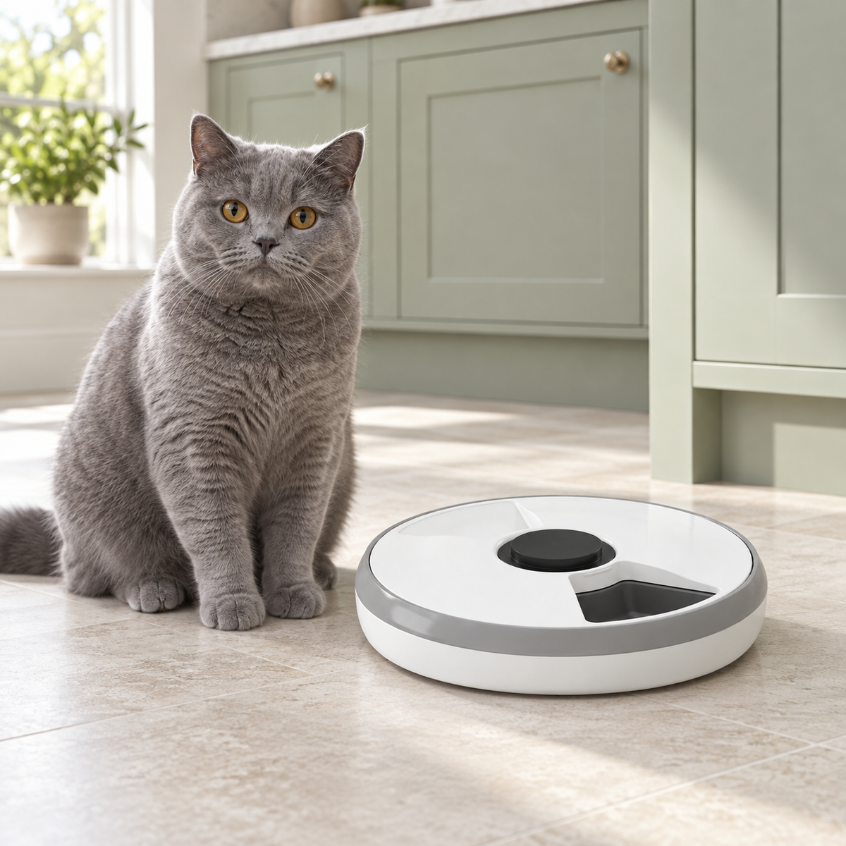 Six-meal timed cat feeder beside a solid-blue British Shorthair