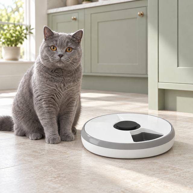 Six-meal timed cat feeder beside a solid-blue British Shorthair