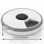 Six-meal automatic cat feeder dimensions: 31.5cm diameter and 8.3cm high