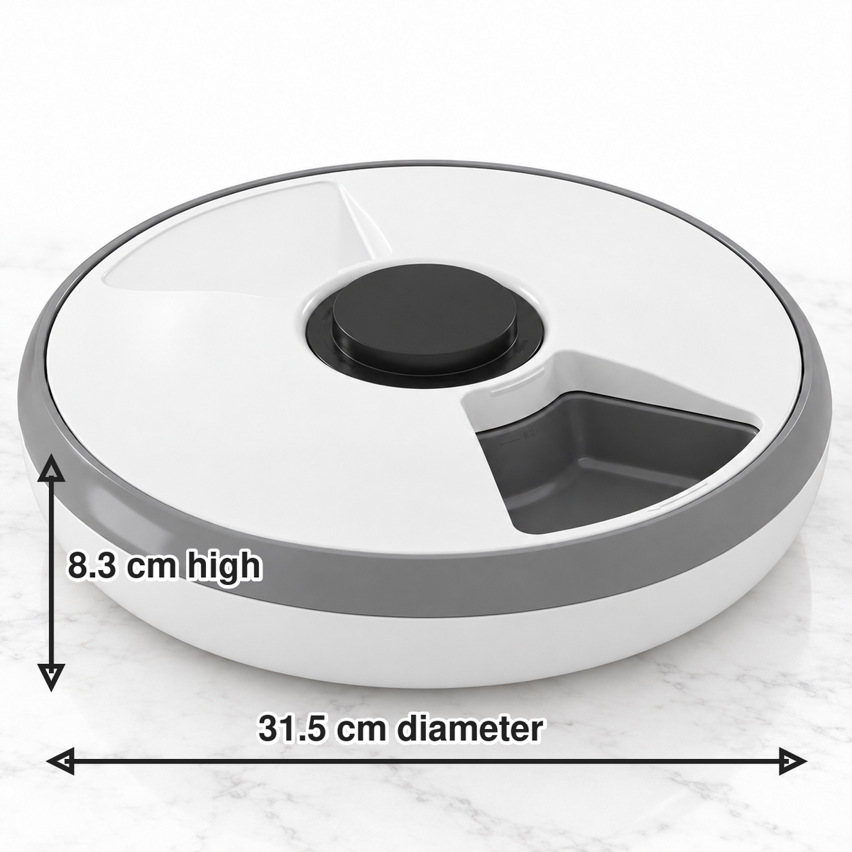 Six-meal automatic cat feeder dimensions: 31.5cm diameter and 8.3cm high