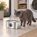 Solid blue British Shorthair beside the 3.2L stainless steel cat fountain