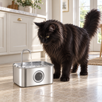 Black Maine Coon beside the compact 3.2L stainless steel water fountain