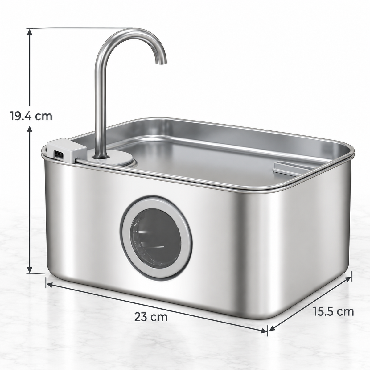 3.2L stainless steel cat fountain dimensions: 23 x 15.5 x 19.4 cm