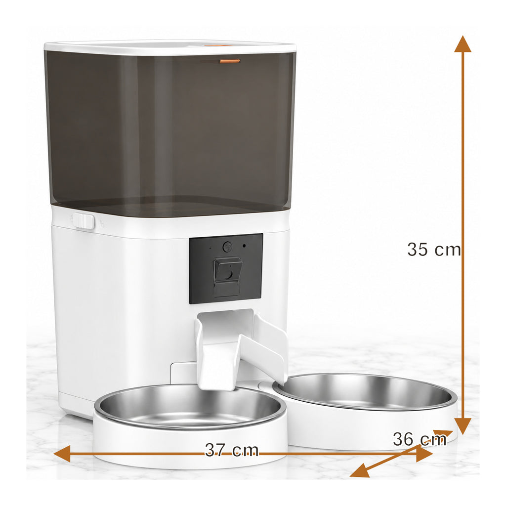 6L dual-bowl automatic feeder dimensions: 37cm long, 36cm wide and 35cm high