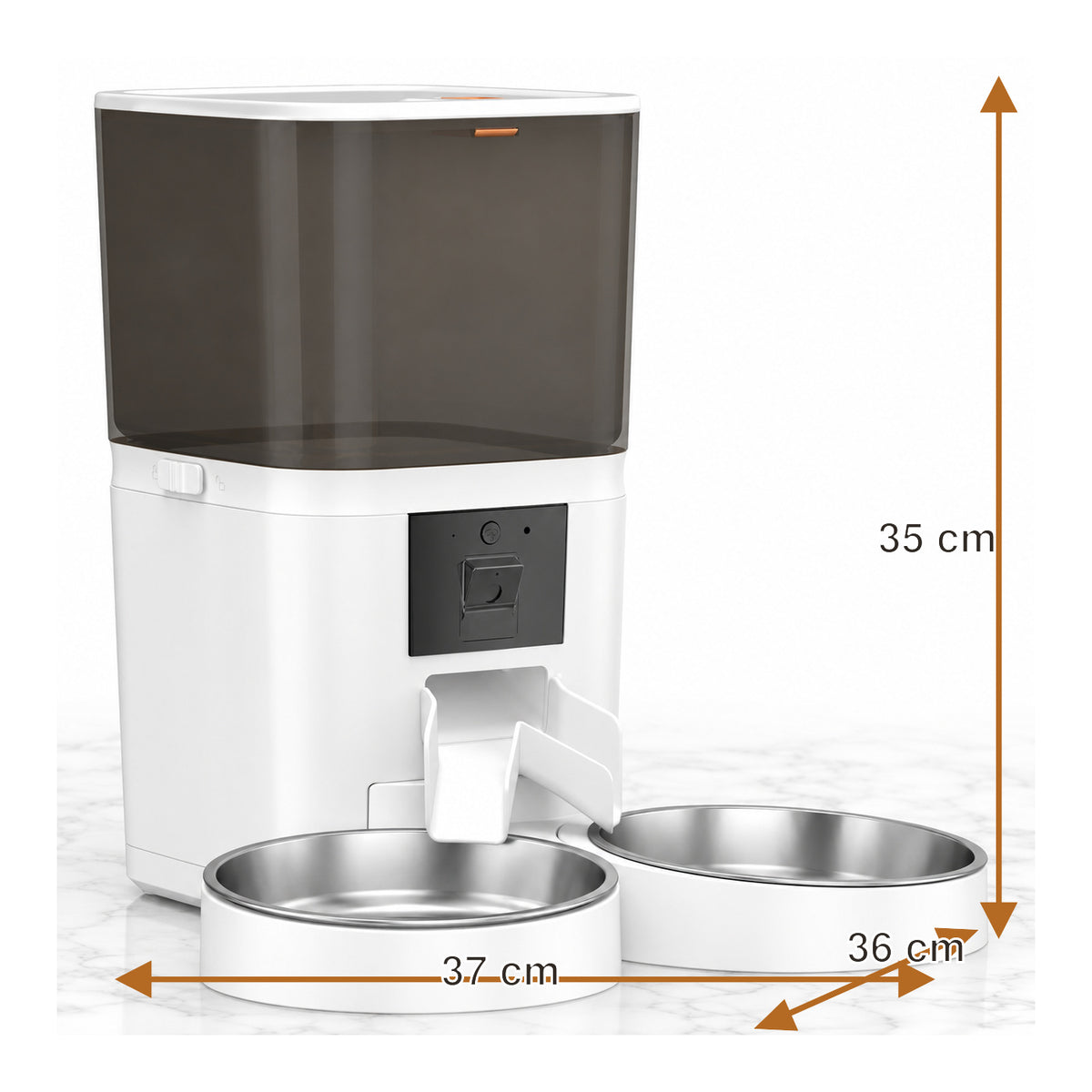 6L dual-bowl automatic feeder dimensions: 37cm long, 36cm wide and 35cm high