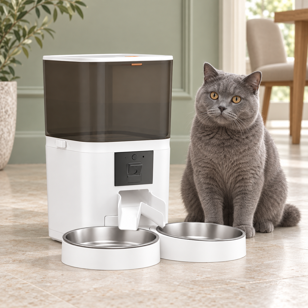 6L dual-bowl camera feeder beside a solid-blue British Shorthair