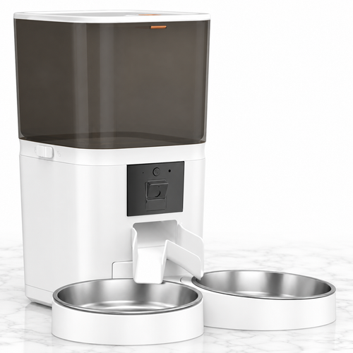 6L dual-bowl automatic cat feeder with camera on light white marble