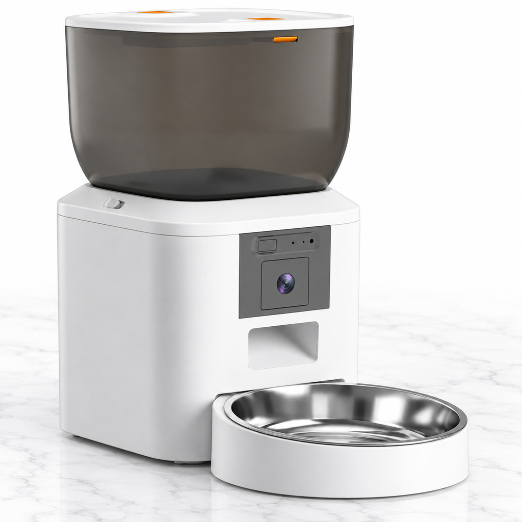 4L automatic cat feeder with camera on light white marble