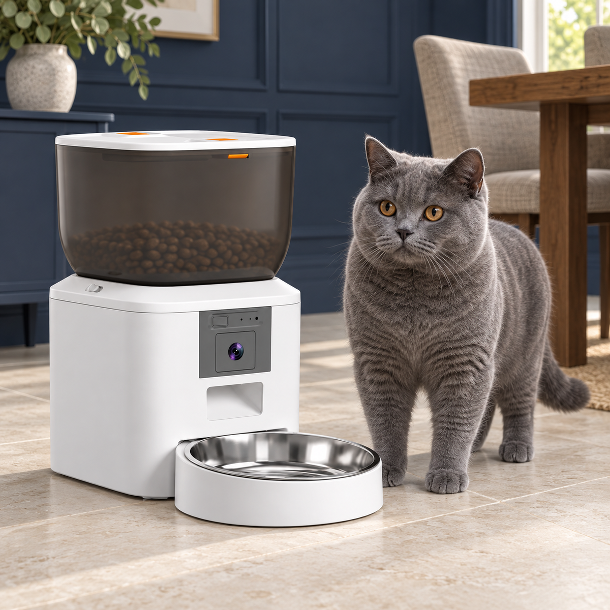 4L automatic cat feeder with camera beside a solid-blue British Shorthair
