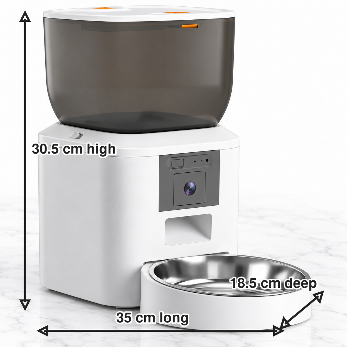 4L automatic cat feeder dimensions: 35cm long, 18.5cm deep and 30.5cm high