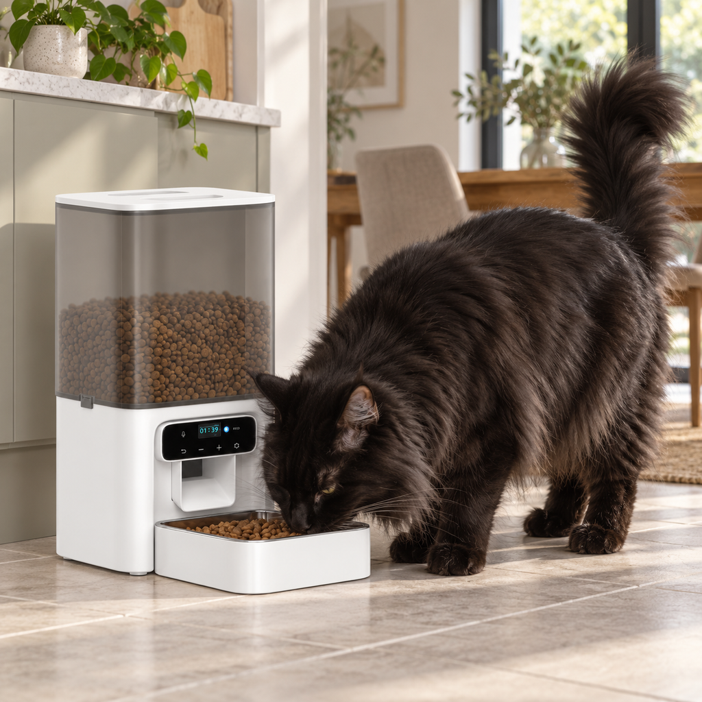 Black Maine Coon eating from the white 4.5L automatic cat feeder