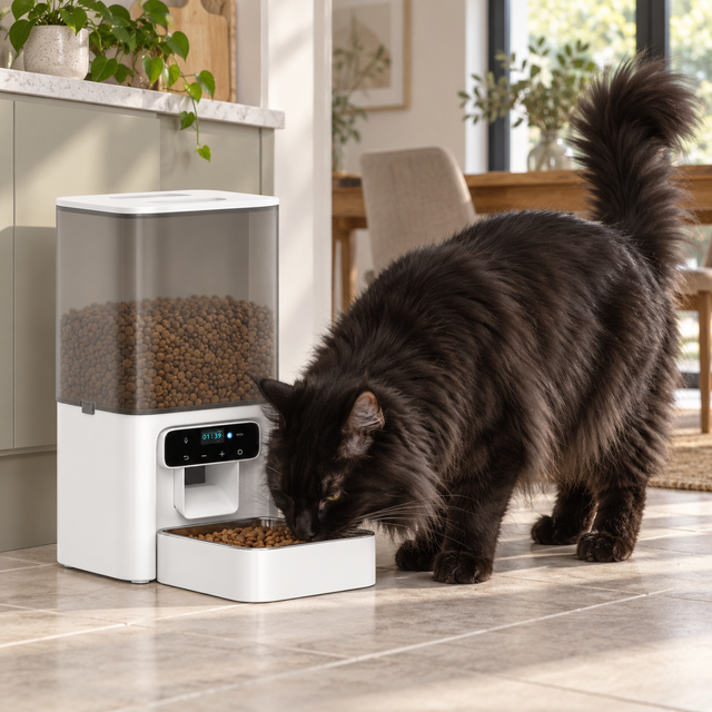 Black Maine Coon eating from the white 4.5L automatic cat feeder