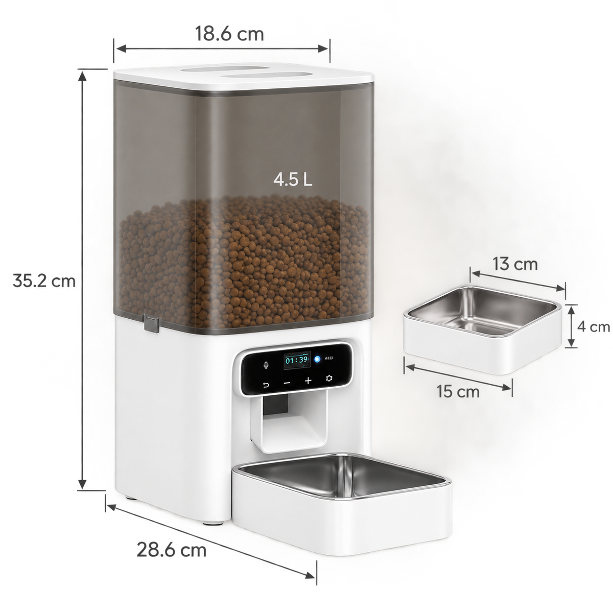 4.5L automatic cat feeder dimensions: 18.6 by 28.6 by 35.2 cm