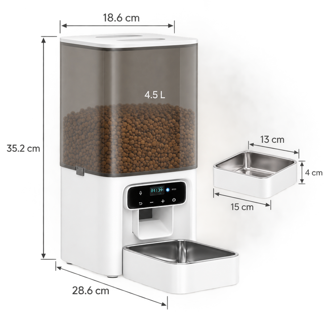 4.5L automatic cat feeder dimensions: 18.6 by 28.6 by 35.2 cm