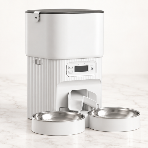 White 4L dual-bowl automatic cat feeder with two stainless-steel bowls