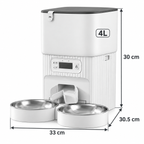 4L dual-bowl automatic cat feeder dimensions: 33 by 30.5 by 30 cm