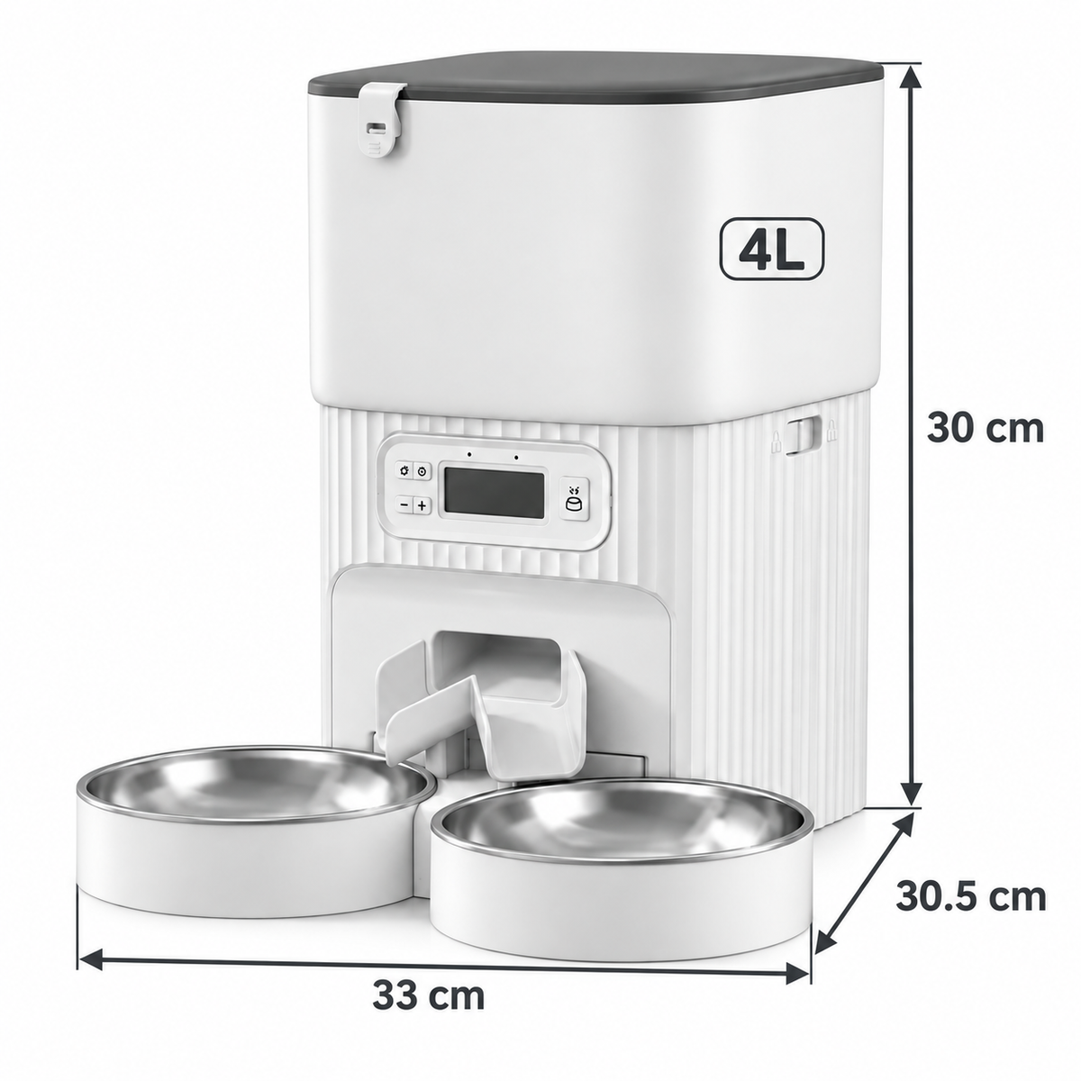 4L dual-bowl automatic cat feeder dimensions: 33 by 30.5 by 30 cm