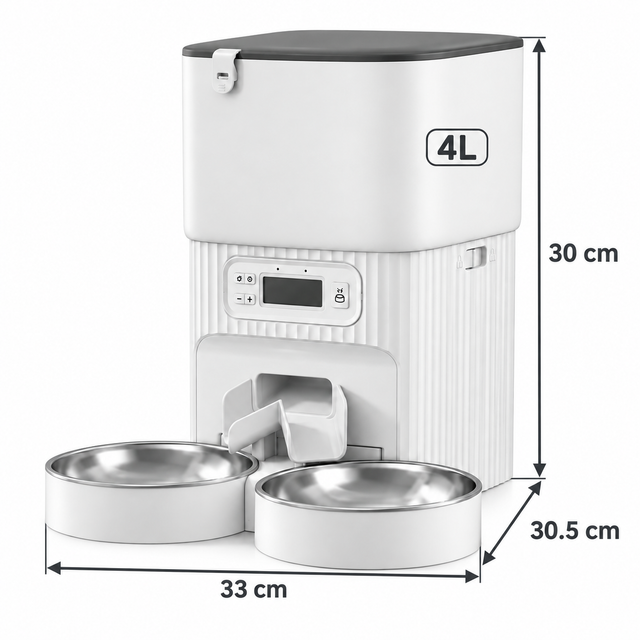 4L dual-bowl automatic cat feeder dimensions: 33 by 30.5 by 30 cm