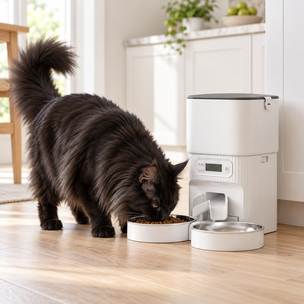Black Maine Coon eating from one bowl of the white dual-bowl automatic feeder