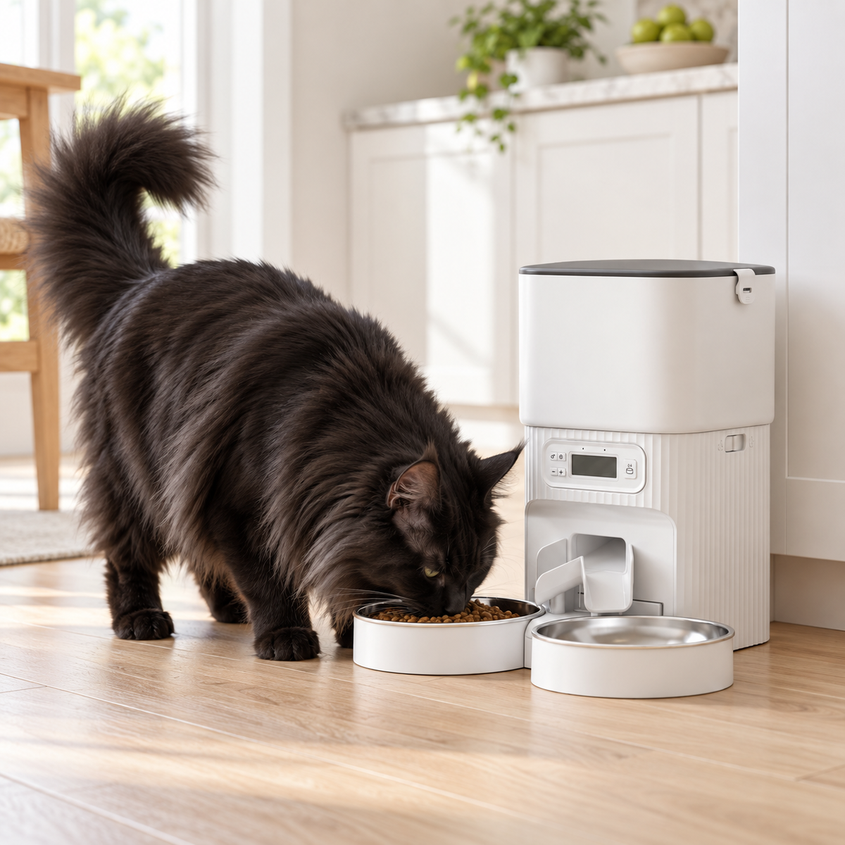 Black Maine Coon eating from one bowl of the white dual-bowl automatic feeder