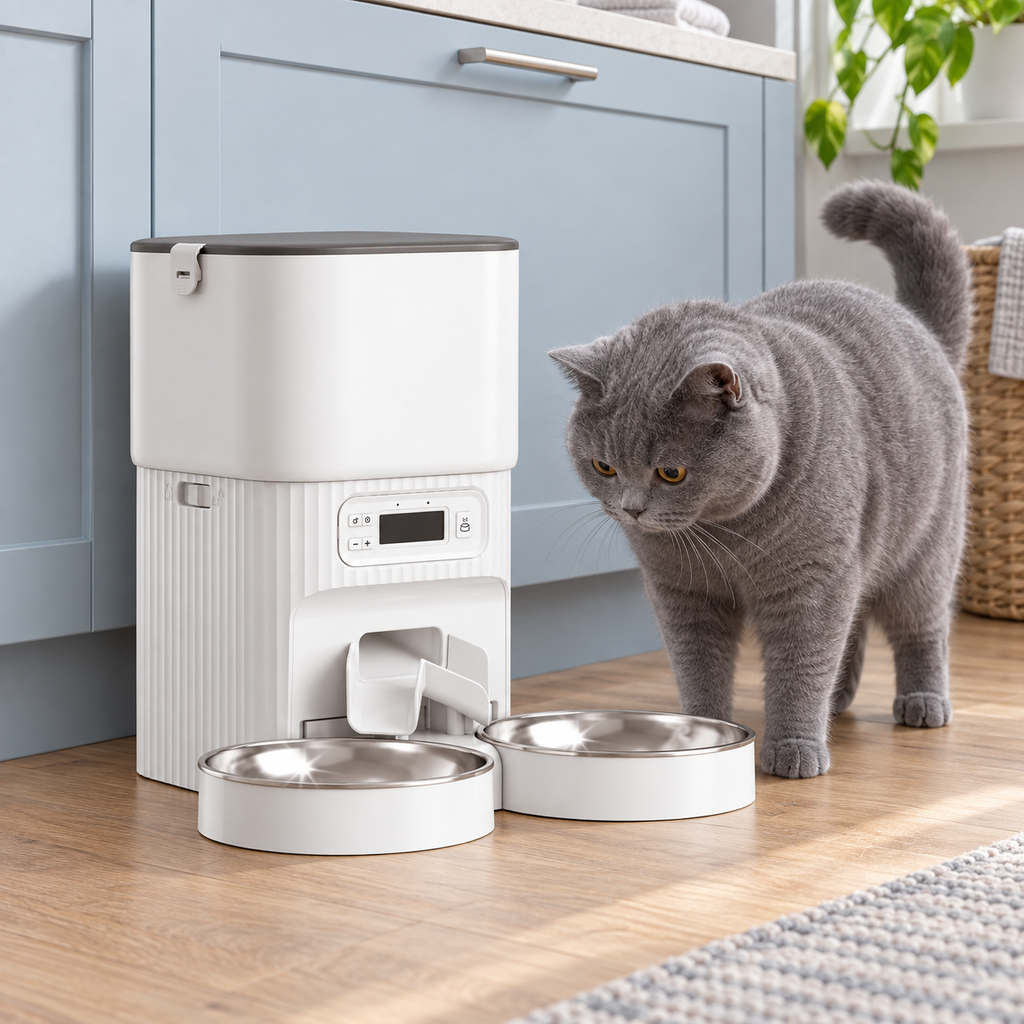 Blue British Shorthair beside the white 4L automatic feeder with two bowls