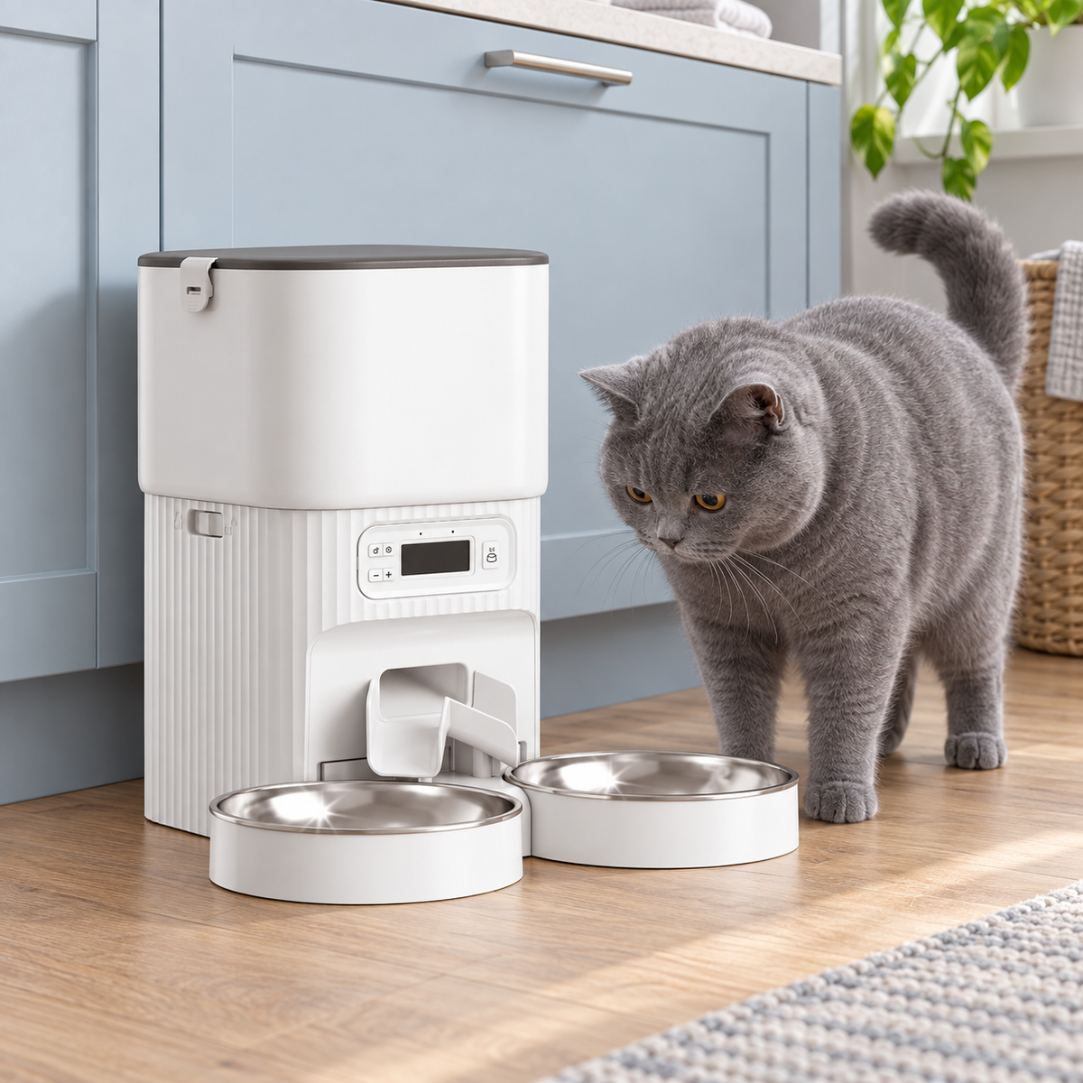 Blue British Shorthair beside the white 4L automatic feeder with two bowls