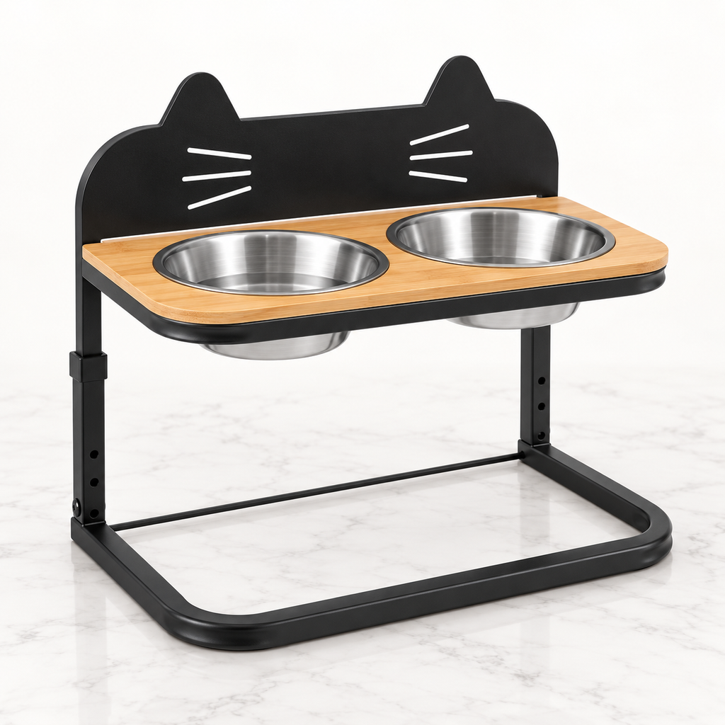 Adjustable raised cat feeder with bamboo shelf and two stainless-steel bowls