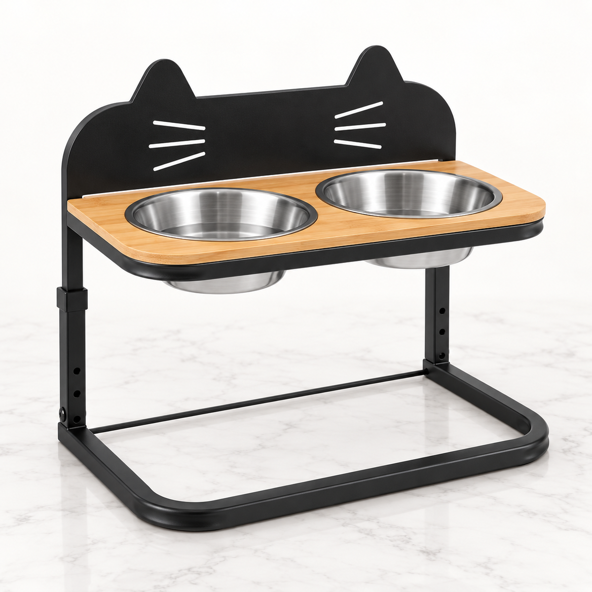 Adjustable raised cat feeder with bamboo shelf and two stainless-steel bowls